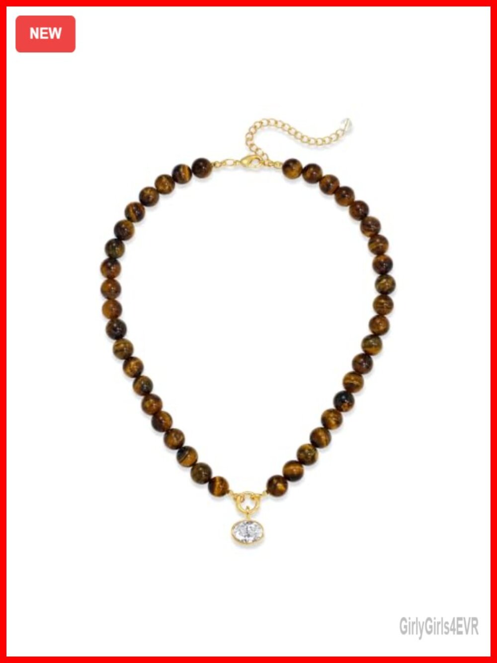10mm Tiger Eye Beaded Choker Necklace with Detachable Crystal Pendant